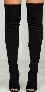 Thigh high peep toe black boot